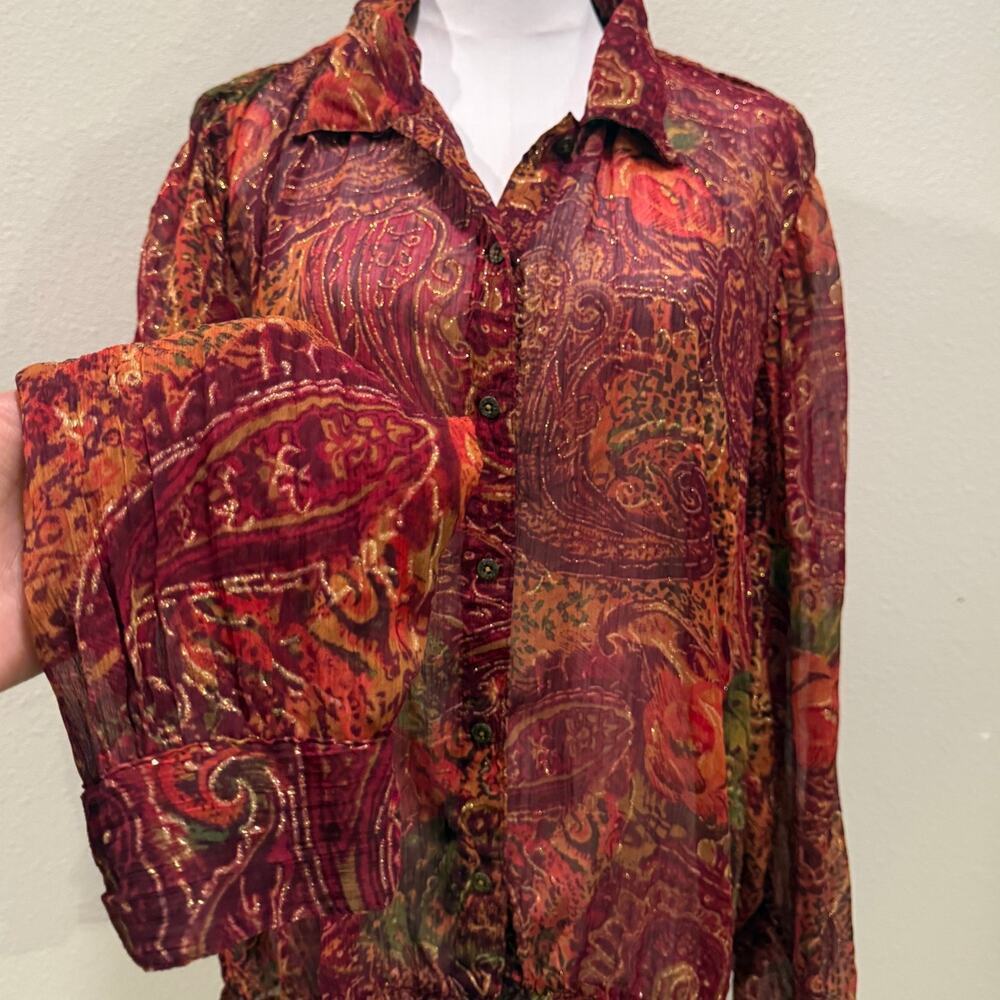 Coldwater Creek Burgundy Sheer Shimmer Paisley Blouse Boho Romantic Large Indie - Picture 3 of 9